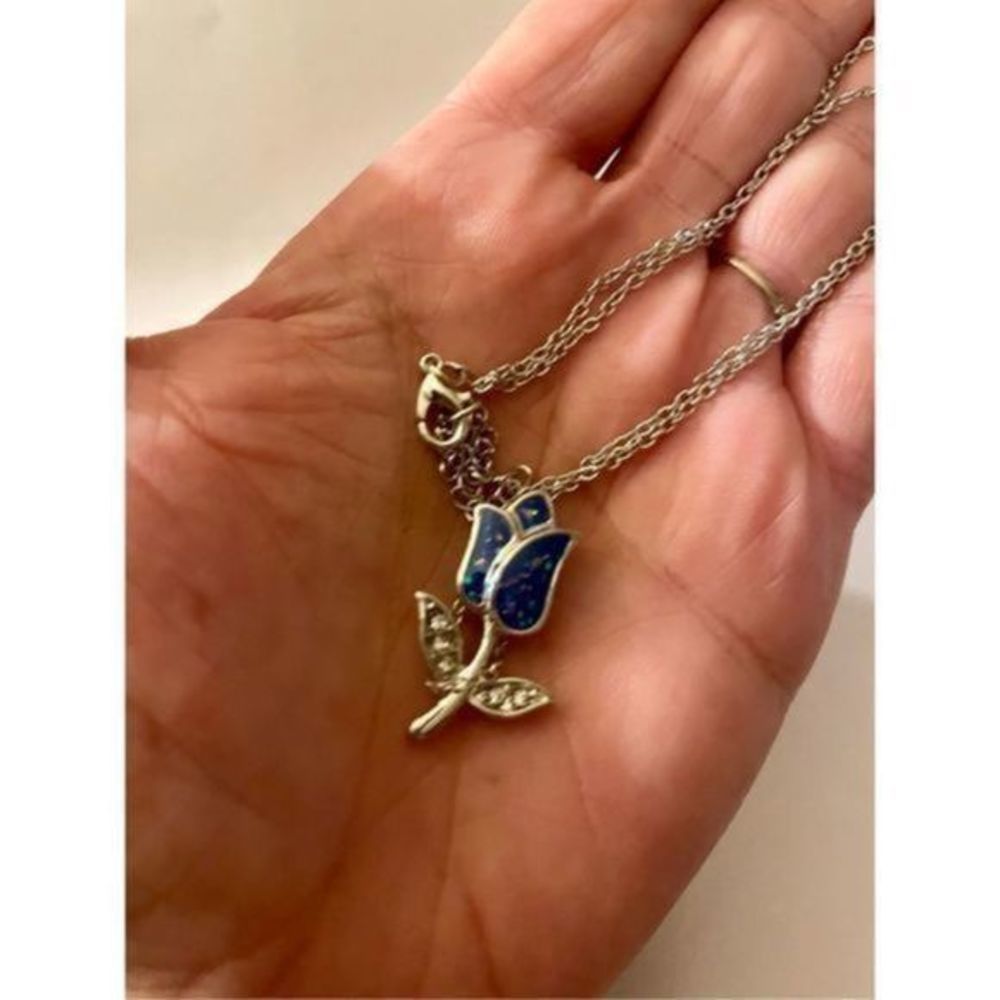 Blue opal ROSE WHITE SAPPHIRE N SILVER NECKLACE - Picture 4 of 6